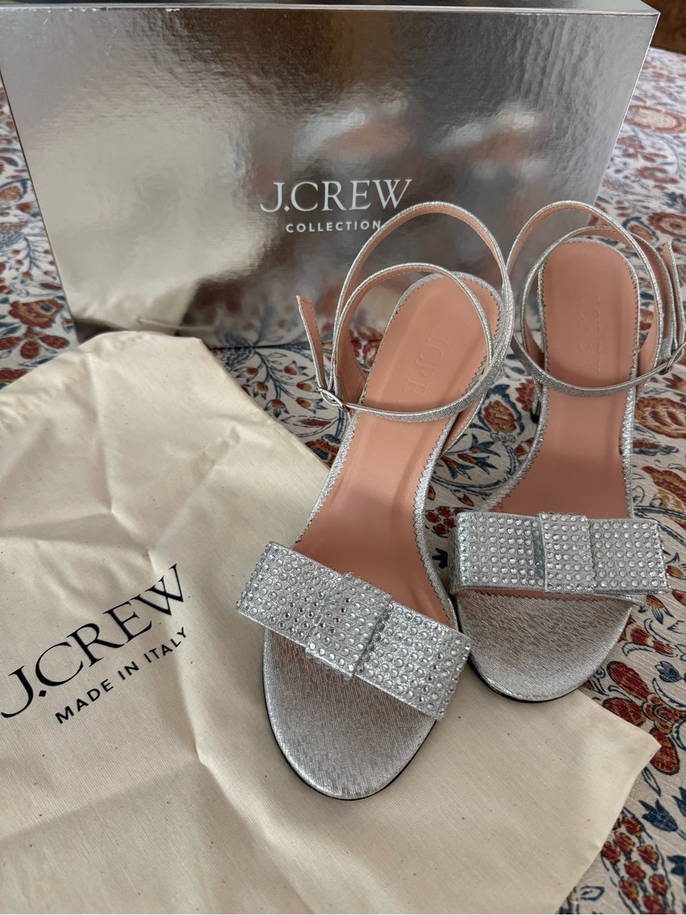 J. Crew Silver Crystal Bow Ankle-Strap Heels